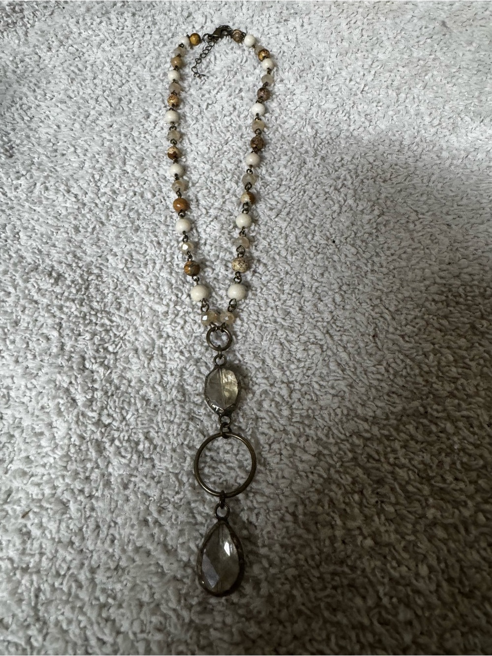 Neutral Beaded Necklace with Clear Teardrop Pendant